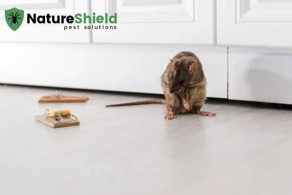 Rat near wooden mousetraps